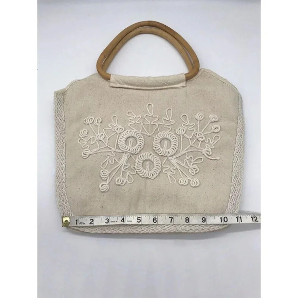 Handmade Canvas Clutch Purse‎ Embroidered Bamboo Handles Tote Bag Boho Cottage - Picture 10 of 14
